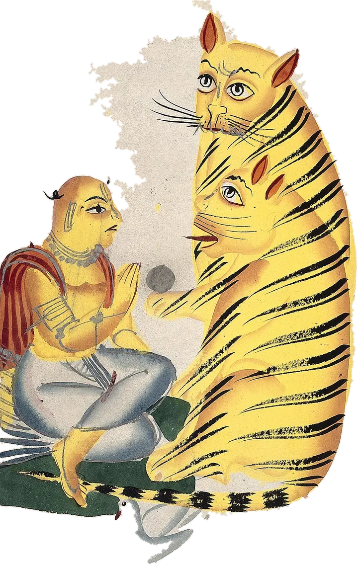 Kalighat painting of a holy man with tigers