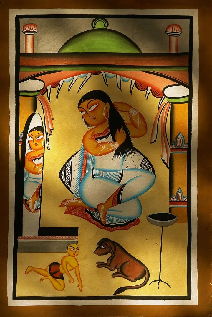 Kalighat painting of a woman with a mirror